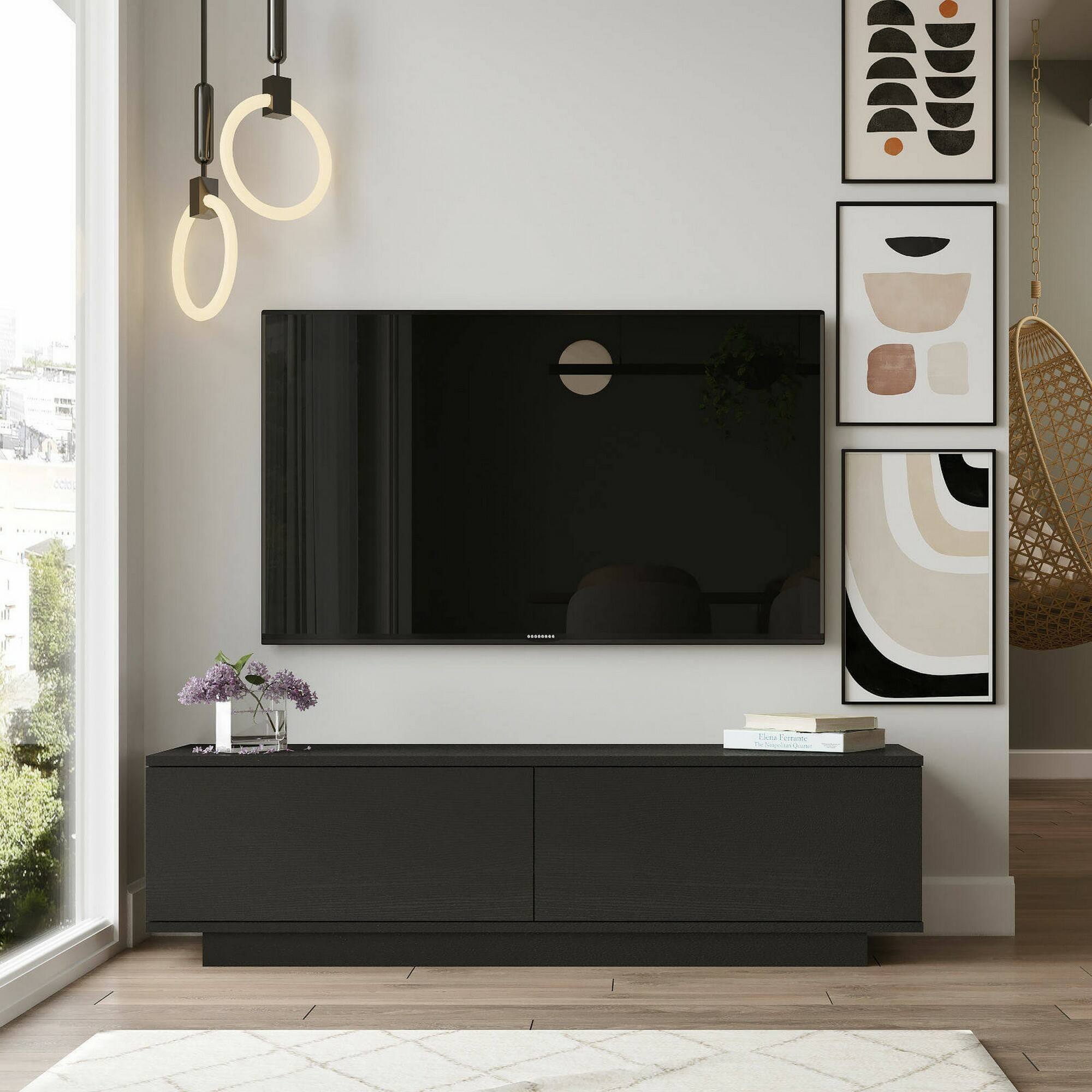 Mobile porta TV Dpoloni, Credenza da soggiorno, Armadio basso per TV, Base parete attrezzata, 140x36h38 cm, Nero