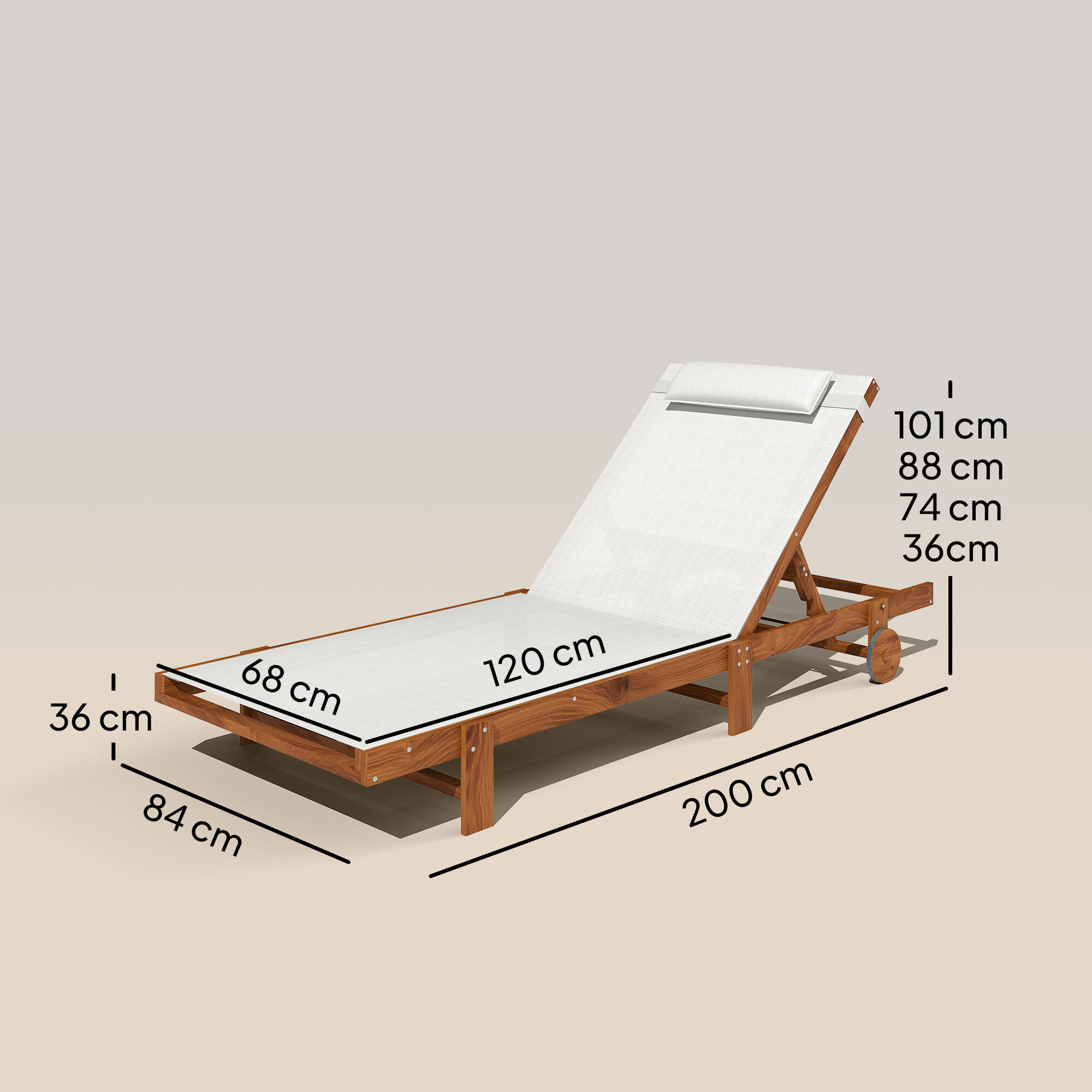 Tumbona Reclinable de Madera con Ruedas Tumbona Jardín Exterior con Respaldo Ajustable en 4 Niveles y Reposacabezas Carga 120 kg para Patio Terraza Balcón 200x84x101 cm Blanca y Teca