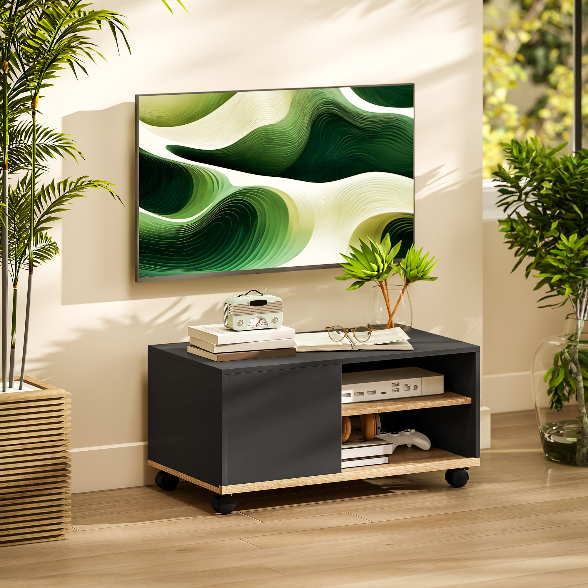 Mueble de TV con Ruedas, Mesa de TV Móvil, Mueble para Televisión hasta 42 Pulgadas, con 1 Puerta, 2 Compartimentos Abiertos, Estante Ajustable, para Salón, Comedor, Dormitorio, Negro