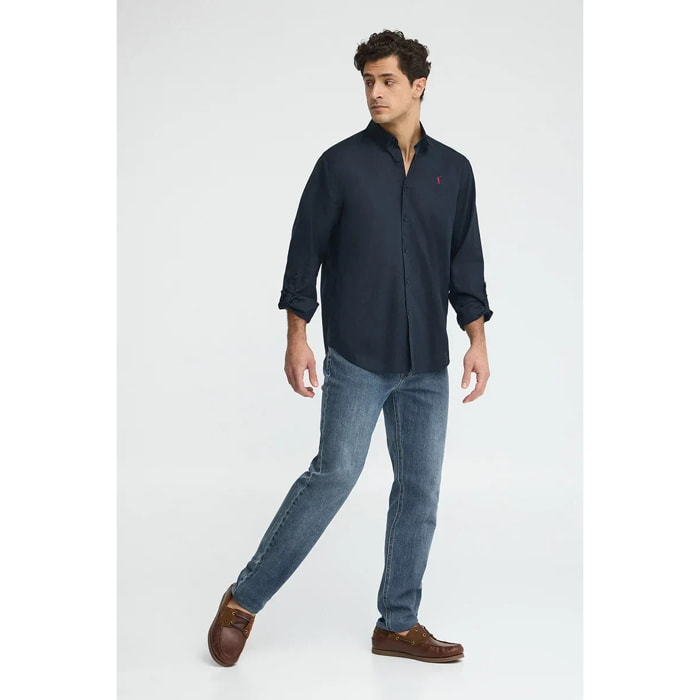 Camicia cotolino blu marino regular fit con logo Rigby Go