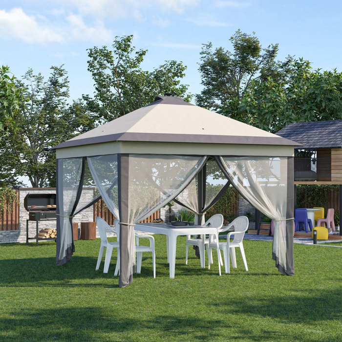 Carpa Plegable con Luces LED 3,3x3,3 m Cenador de Jardín con Control Remoto 4 Paredes Laterales de Malla Altura Ajustable y Bolsa de Transporte para Patio Fiestas Beige