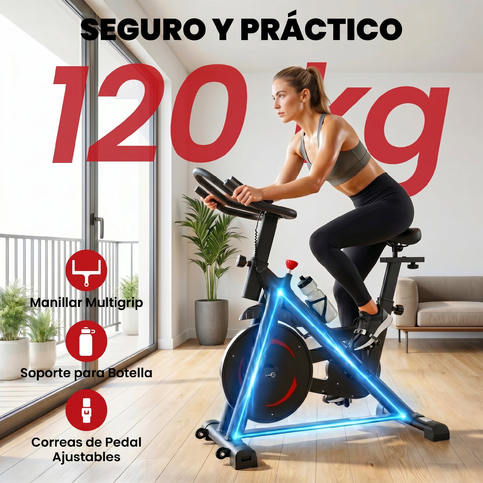 Bicicleta Estática en Casa con Resistencia Magnética, APP Bluetooth, Bici Estática Silenciosa con Pantalla LCD, Volante, Asiento y Manillar Ajustables, Ruedas, Soporte Teléfono, Portabotellas