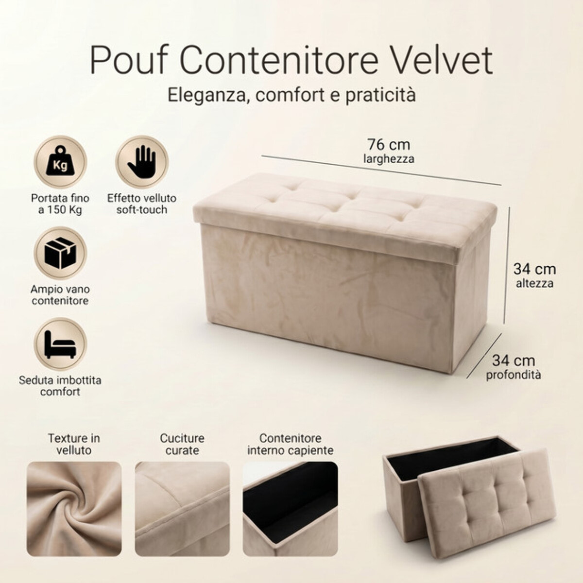 Pouf contenitore in velluto 76x34x34 cm, panca pieghevole con vano capiente, seduta imbottita trapuntata resistente fino a 150 kg, design elegante Double Velvet, salvaspazio ideale per camera soggiorno ingresso e fondo lett