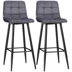 Juego de 2 Taburetes Altos de Cocina, Taburetes de Bar Tapizados en Terciopelo, con Reposapiés y Respaldo, Estructura de Acero, para Comedor, Mostrador, Gris