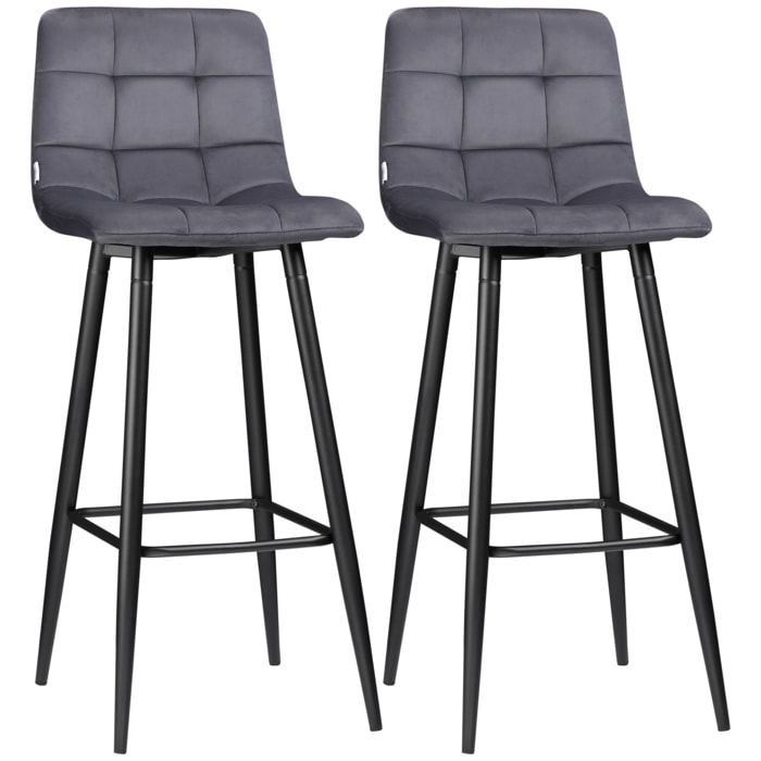 Juego de 2 Taburetes Altos de Cocina, Taburetes de Bar Tapizados en Terciopelo, con Reposapiés y Respaldo, Estructura de Acero, para Comedor, Mostrador, Gris