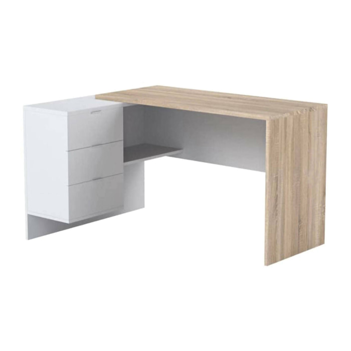 Scrivania Agnello, Scrittoio multifunzione reversibile da ufficio con cassettiera, Tavolo da studio o ufficio porta PC ad angolo, 145x108h73 cm, Rovere e Bianco