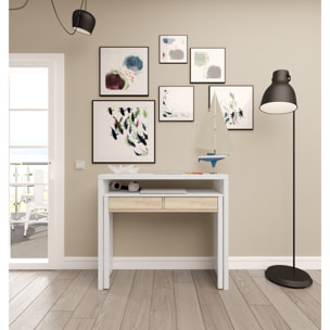 Scrivania Allungabile Con 2 Cassetti Tavolo Consolle Estensibile Studio Salvaspazio Con Ripiano Disegno Soggiorno Camera 99x88x36 Cm Bianco E Rovere
