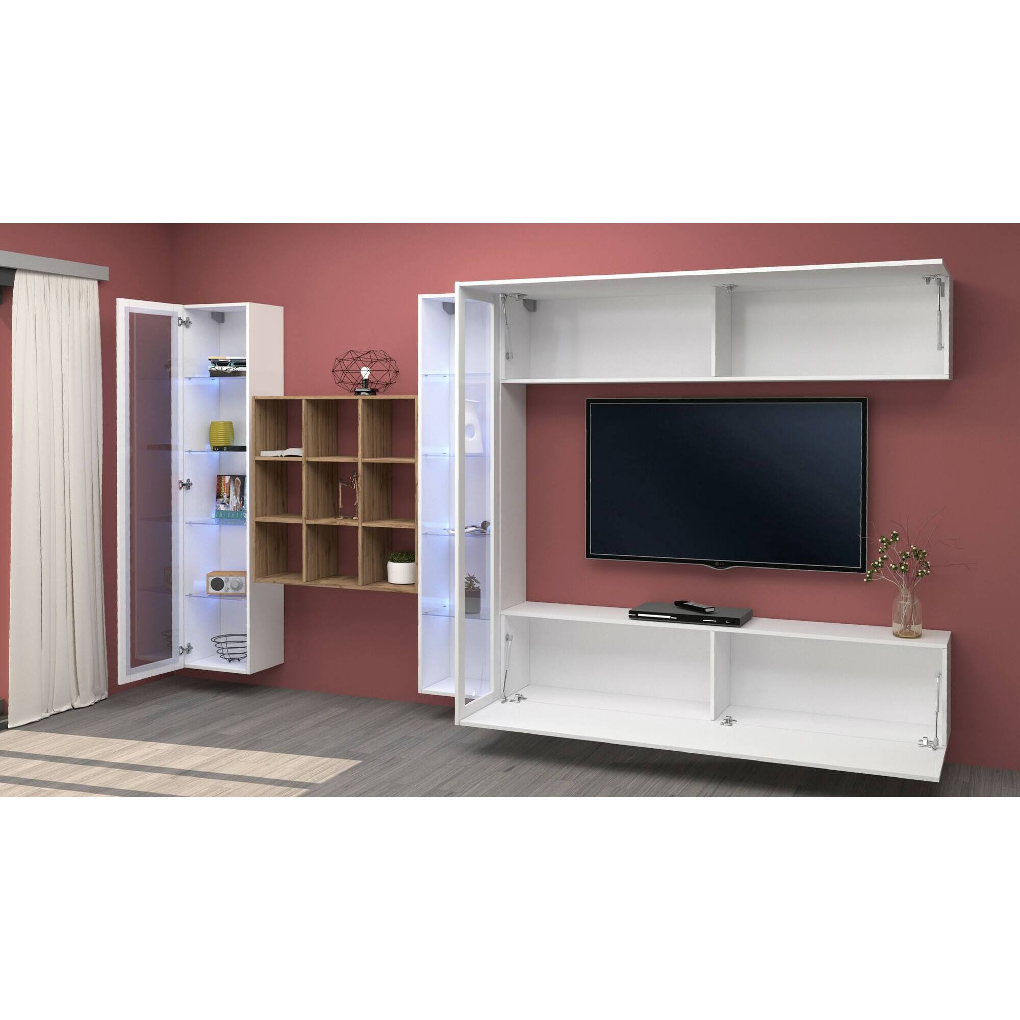 Parete attrezzata Gustavo, Set salotto porta TV a 4 ante, Mobile soggiorno multiuso con vetrina e luce LED, 100% Made in Italy, cm 350x30h180, Bianco lucido