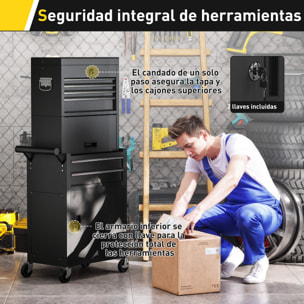 Carro de Herramientas con 6 Cajones y Cerraduras, 3 en 1, Carro de Taller Móvil con Ruedas y Panel Lateral Perforado, Caja de Herramientas Desmontable de Acero, para Taller, Garaje, Negro
