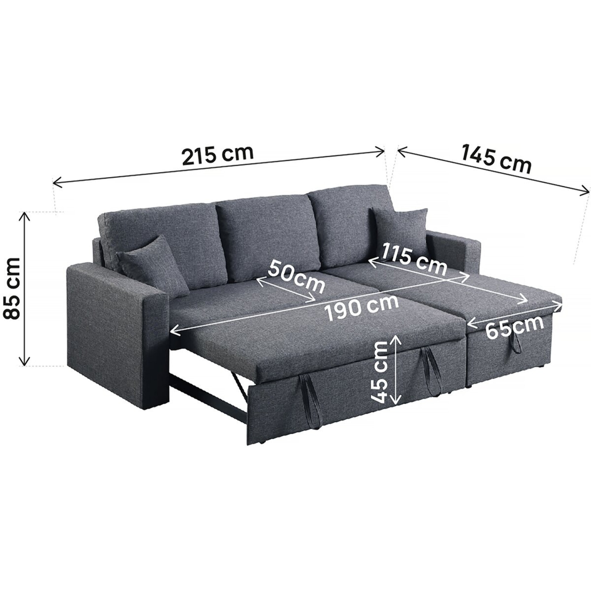 Canapé d'angle convertible/ réversible avec coffre "Alain II" - 3 places - Gris foncé