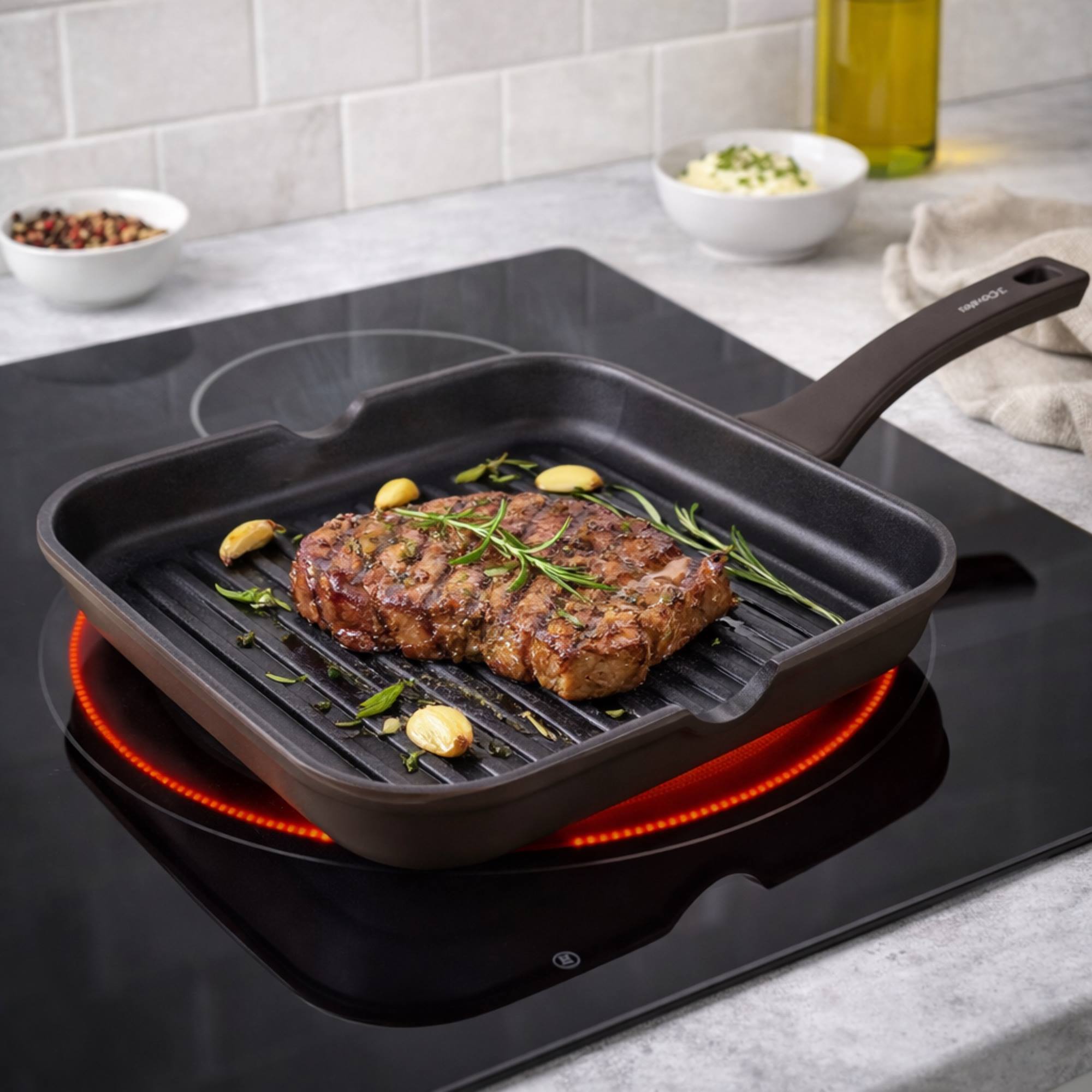 Sartén grill de 28x28x4,5cm en aluminio forjado con inducción total