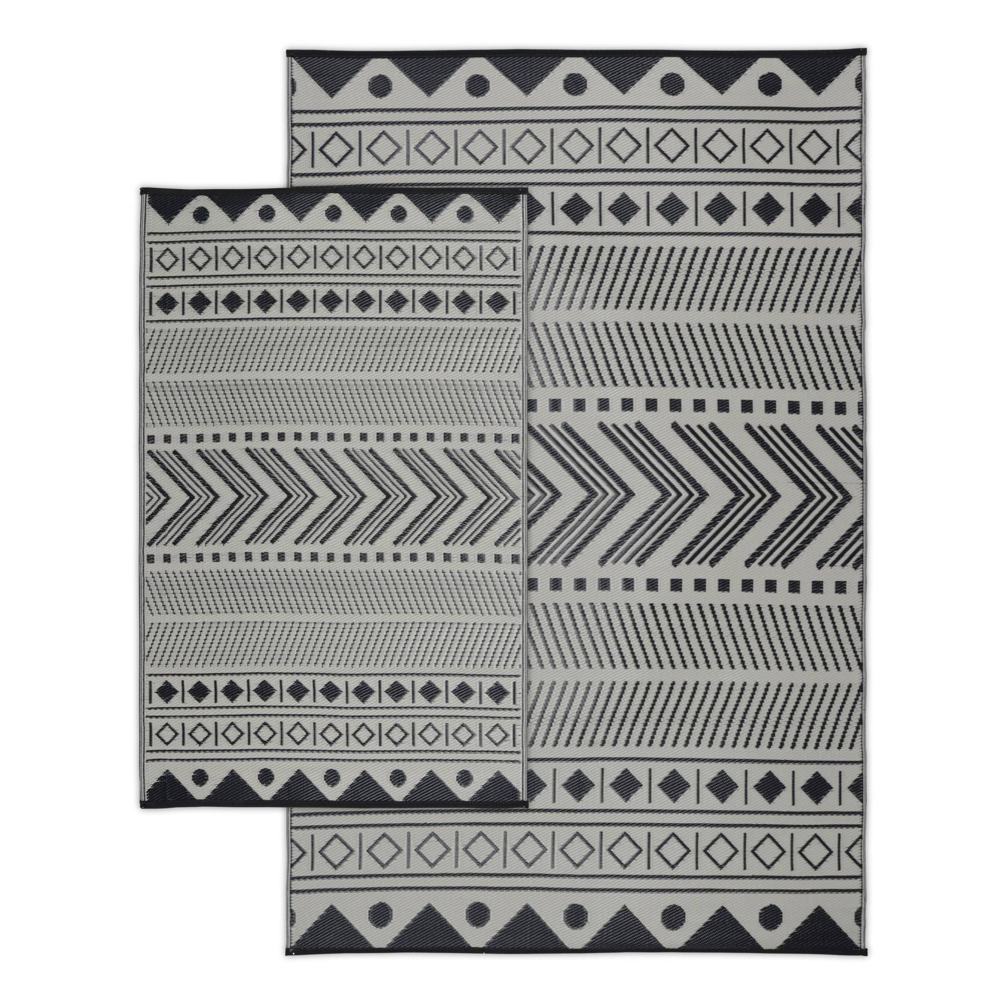 Tapis d’extérieur 120x180cm BAMAKO - Rectangulaire. motif ethnique noir / beige. jacquard. réversible. indoor / outdoor