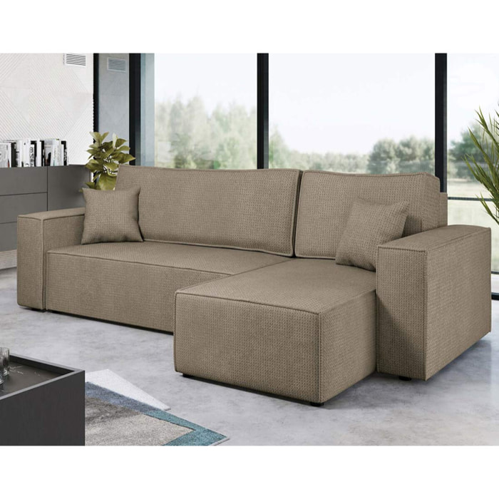 Cezanne - Canapé d'angle réversible 4 places convertible avec coffre en tissu texturé - Marron