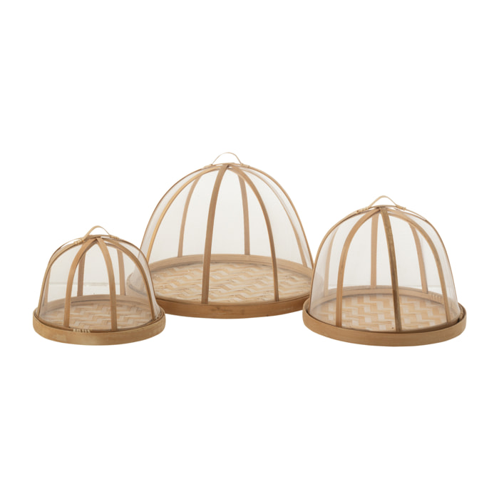 J-Line Set De 3 Plateau+Cloche Bambou Naturel/Blanc