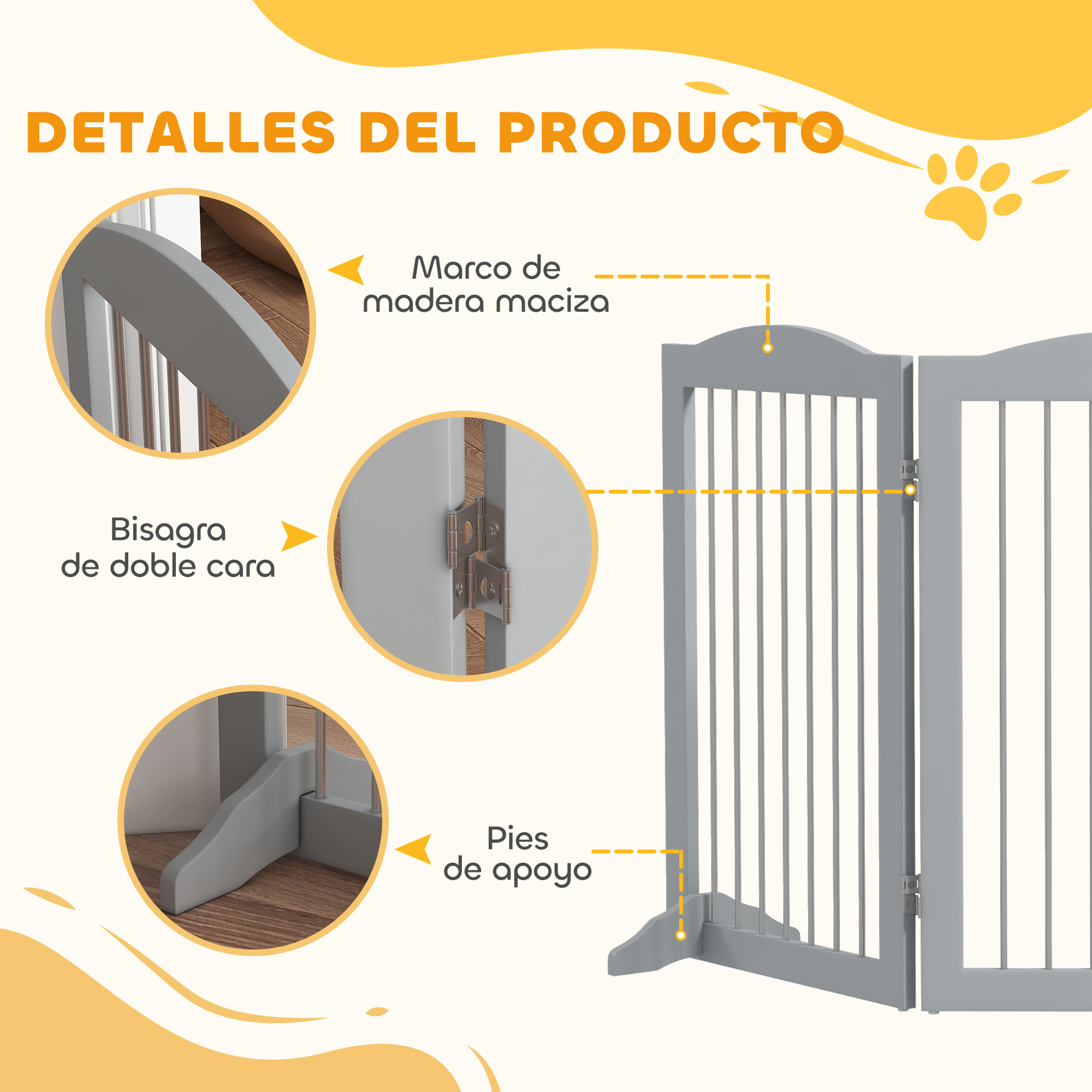 Barrera de Seguridad para Perros Plegable para Escaleras y Puertas Valla para Perros Pequeños y Medianos de 3 Paneles con Soporte de Pie para Interiores 154x30x80 cm Gris