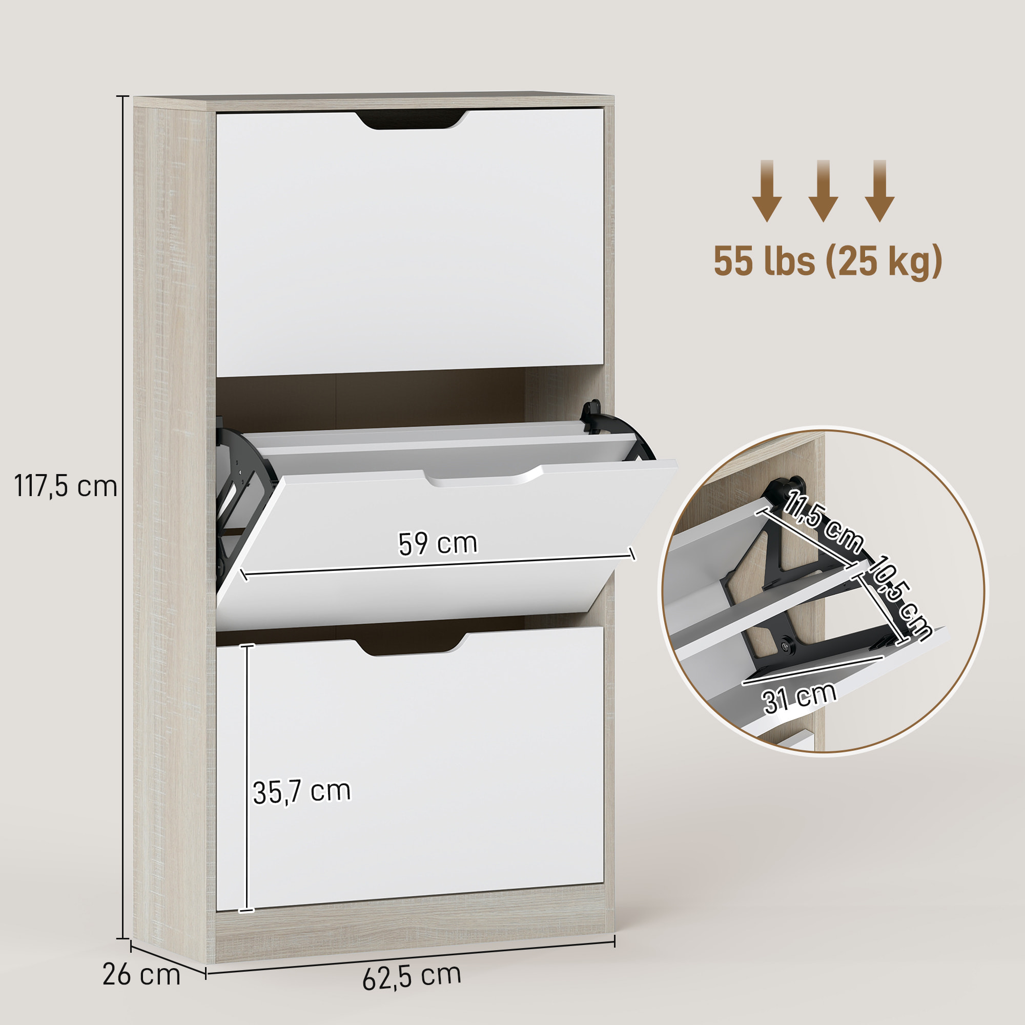 Zapatero Estrecho, 3 Puertas Abatibles, Zapatero Entrada Recibidor para 18 Pares de Zapatos, para Pasillo, Espacios Reducidos, 62,5x26x117,5 cm, Roble y Blanco