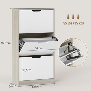 Zapatero Estrecho, 3 Puertas Abatibles, Zapatero Entrada Recibidor para 18 Pares de Zapatos, para Pasillo, Espacios Reducidos, 62,5x26x117,5 cm, Roble y Blanco