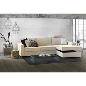 Divano letto con penisola Achico, Sofà apertura girevole, Penisola contenitore Destra, Braccioli standard, 100% Made in Italy, Cm 280x95h90, Beige