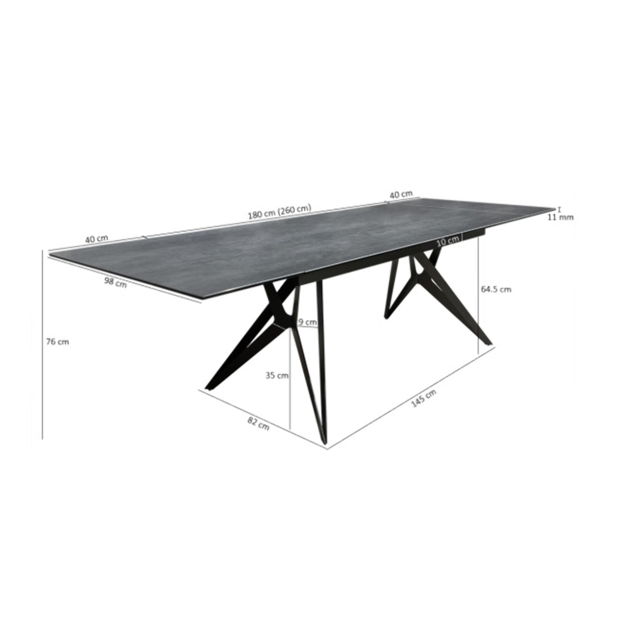 Table extensible 180 à 260 cm céramique gris pieds métal noir - FLY