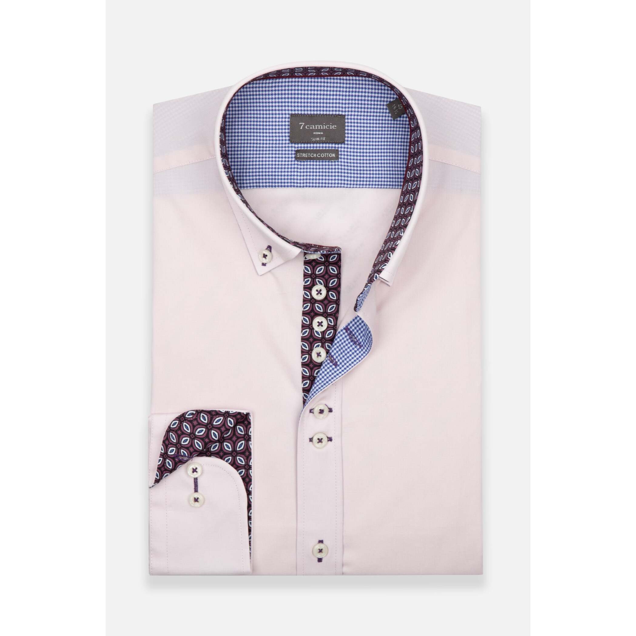 Camicia Uomo 1 Bottoni Button Down Slim Popeline Stretch Unito Rosa