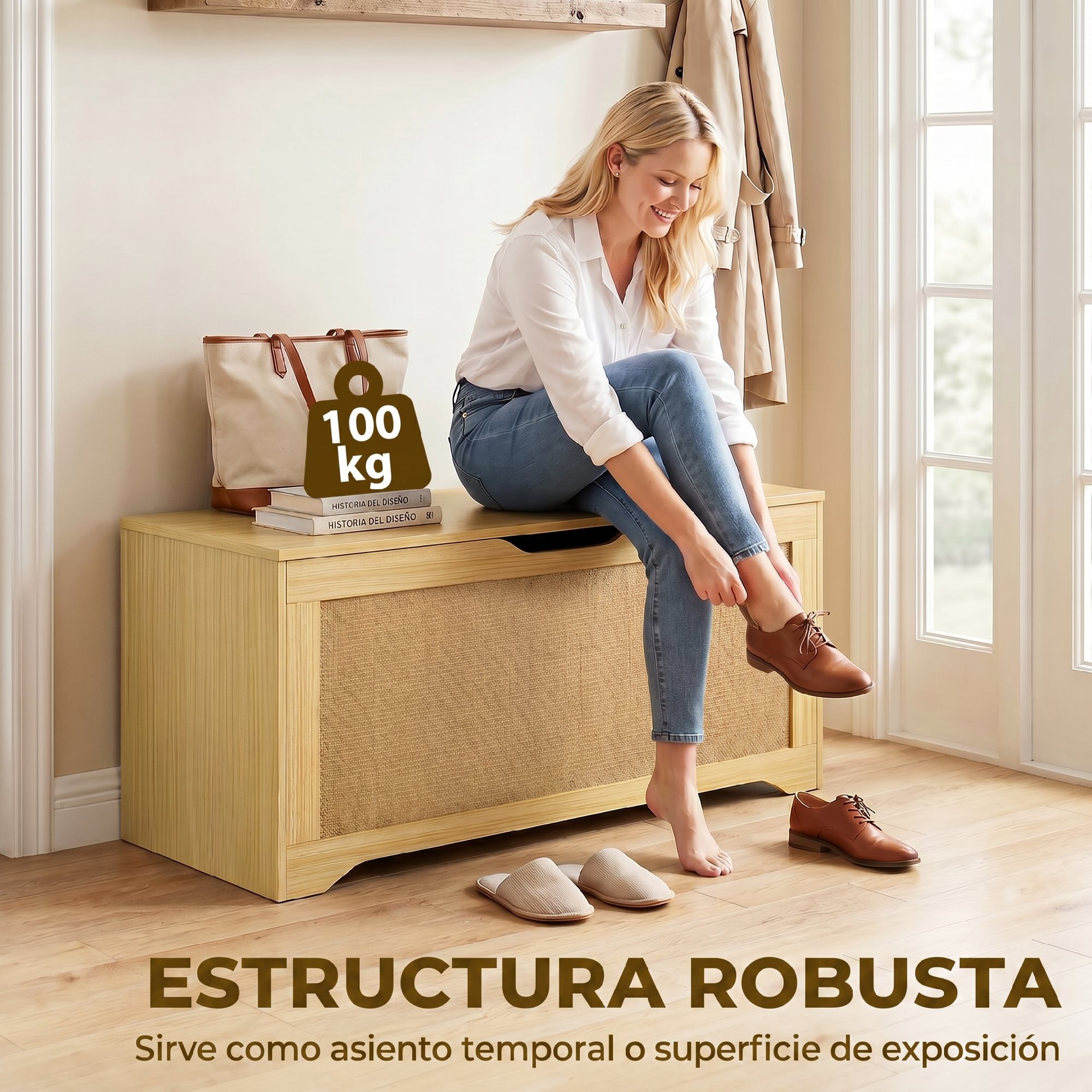 Baúl de Almacenaje 136L, Banco de Almacenaje con Panel de Ratán, Tapa Elevable, Brazos de Soporte, Diseño Sin Tiradores, para Recibidor, Pasillo, Dormitorio, Salón, 100x40x45 cm, Roble