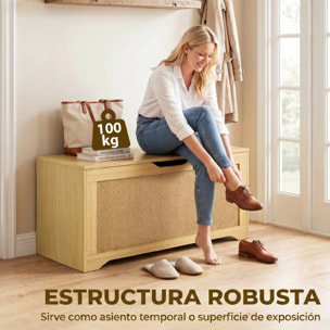 Baúl de Almacenaje 136L, Banco de Almacenaje con Panel de Ratán, Tapa Elevable, Brazos de Soporte, Diseño Sin Tiradores, para Recibidor, Pasillo, Dormitorio, Salón, 100x40x45 cm, Roble