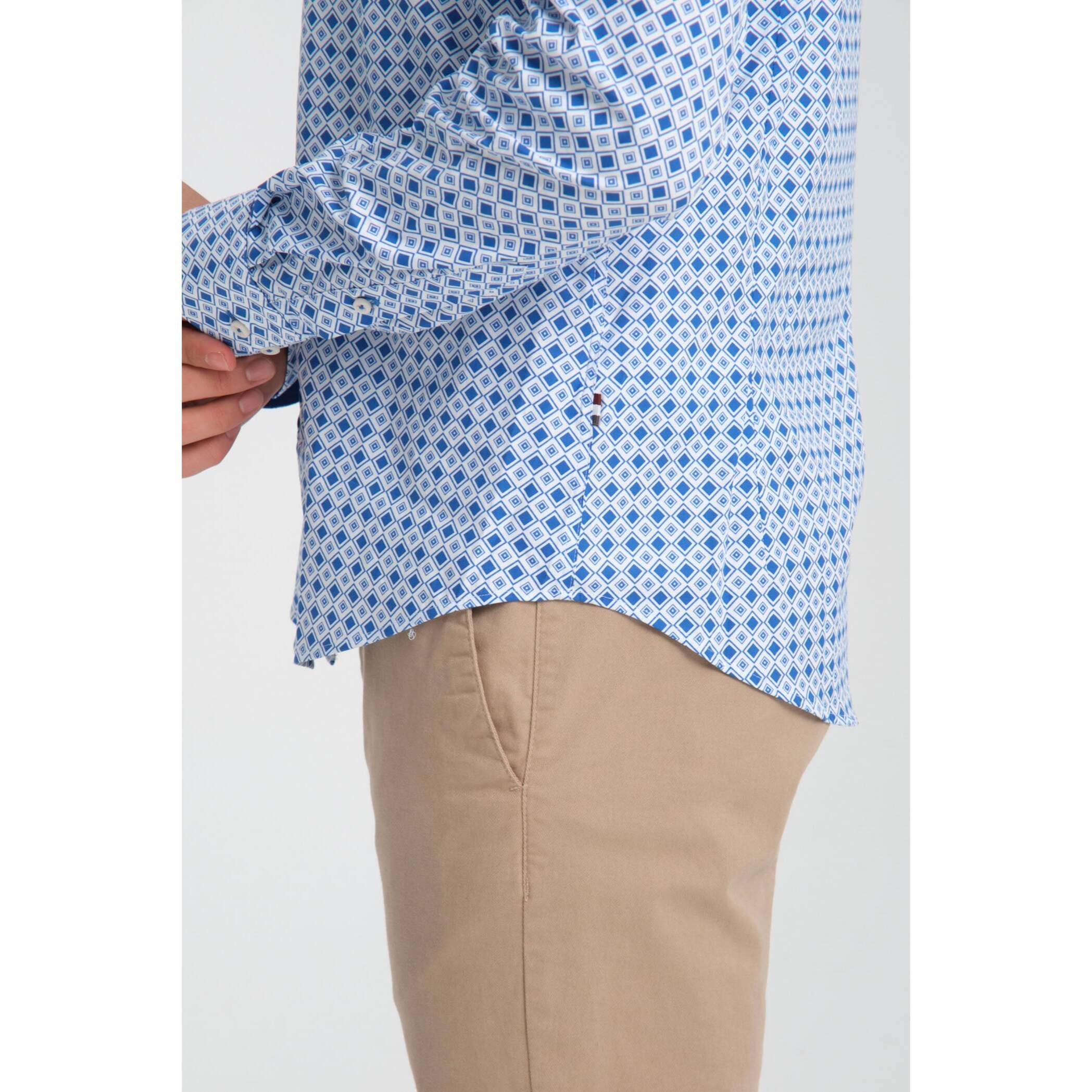 camicia uomo 1 bottone button down slim Popeline Stretch Stampato Bianco/Bluette