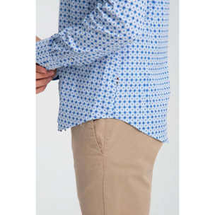 camicia uomo 1 bottone button down slim Popeline Stretch Stampato Bianco/Bluette
