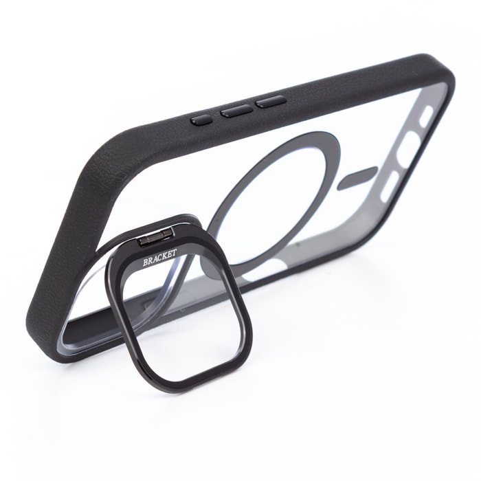 Custodia trasparente con copertura della fotocamera pieghevole che funge da supporto, bordi neri. MagSafe per iPhone 17.