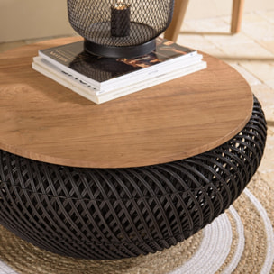 SIXTINE - Table basse ronde diam65 plateau bois teck recyclé rotin noir