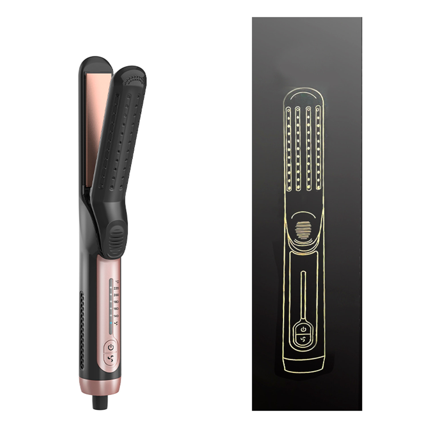 Piastra per capelli 699 con aria fredda e ioni negativi anti-frizz, riscaldamento veloce e 5 livelli di temperatura regolabili da 140°C a 220°C.