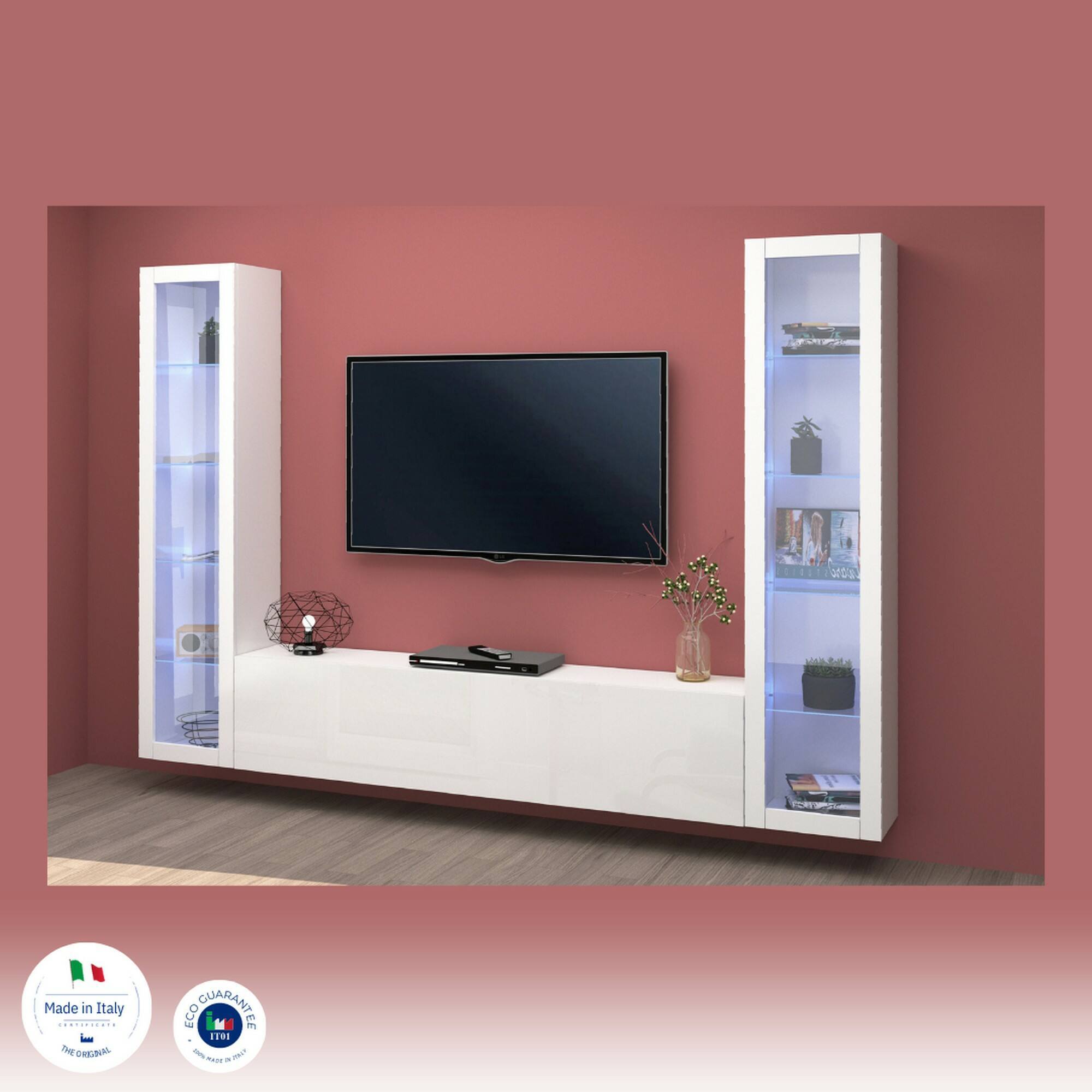 Parete attrezzata Gino, Set salotto porta TV a 3 ante, Mobile soggiorno multiuso con vetrina e luce LED, 100% Made in Italy, cm 260x30h180, Bianco lucido