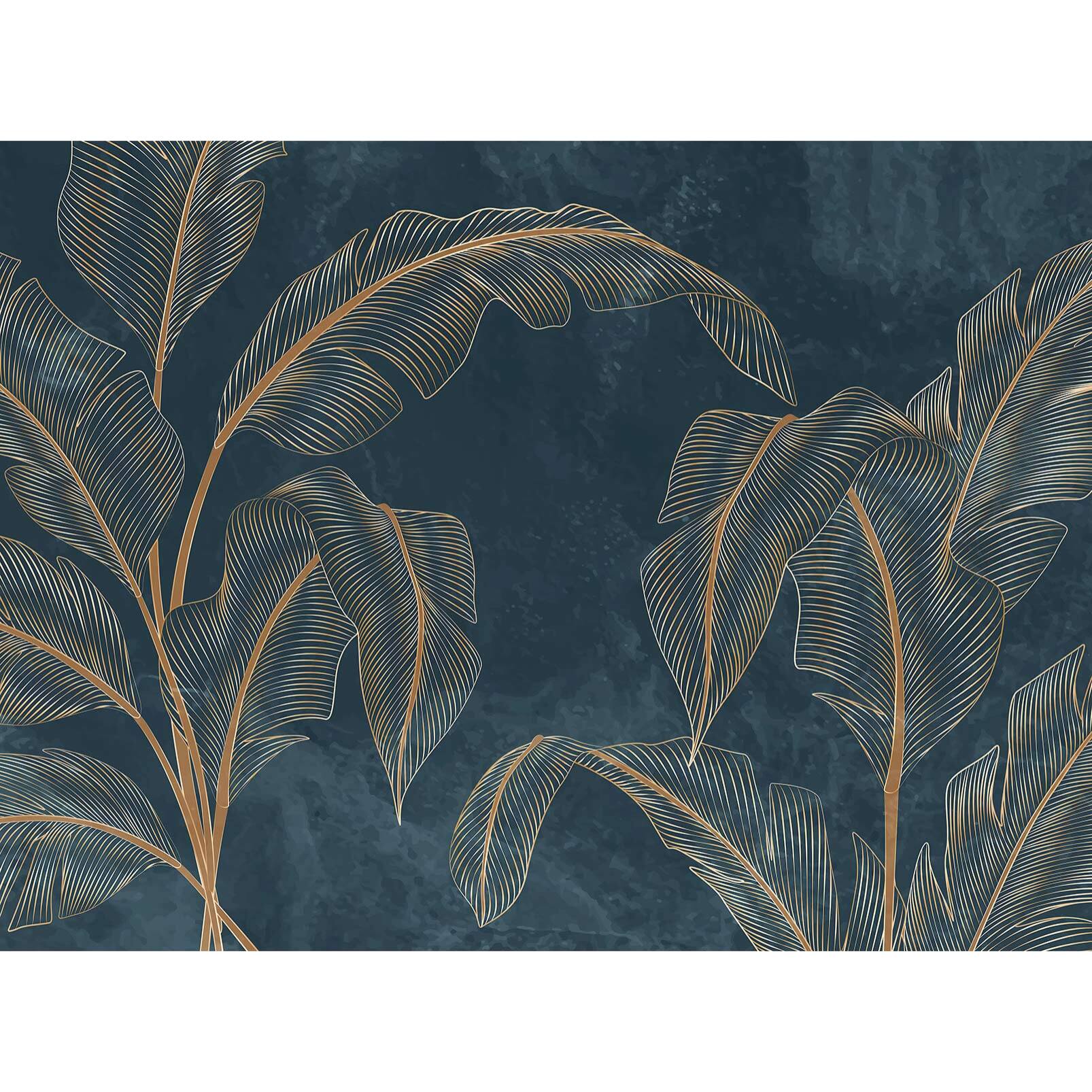 Papier peint tropical chic feuilles dorées fond bleu nuit Intissé