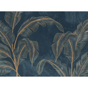 Papier peint tropical chic feuilles dorées fond bleu nuit Intissé