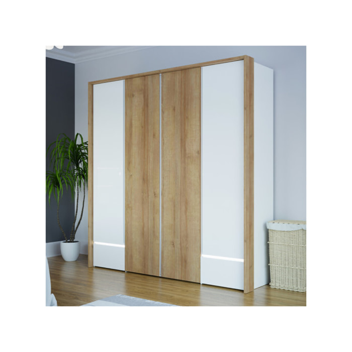 Dressing L. 204 cm en décor bois de chêne et blanc avec LED – LENYBE