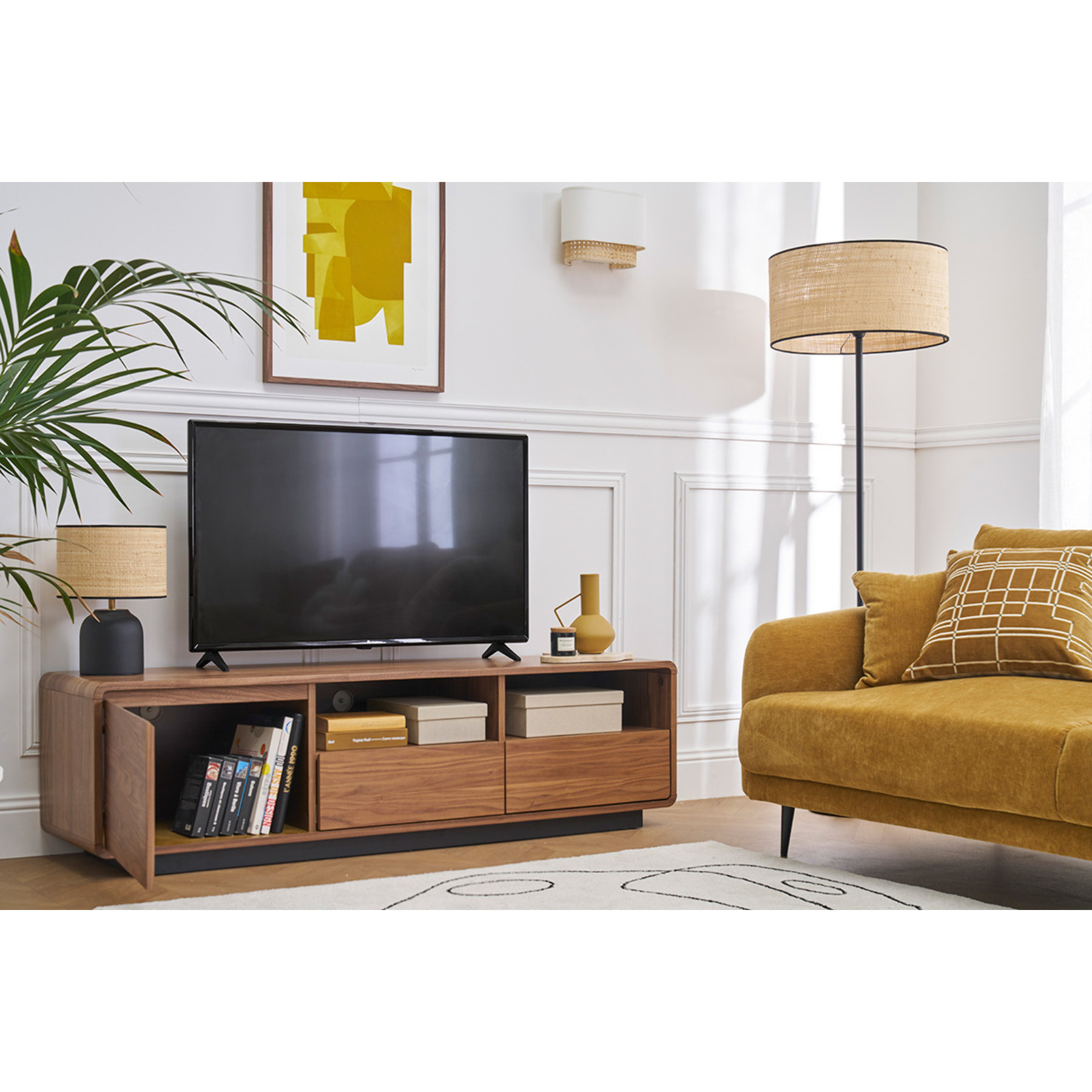 Meuble TV vintage en bois foncé noyer et métal noir L160 cm JAKO