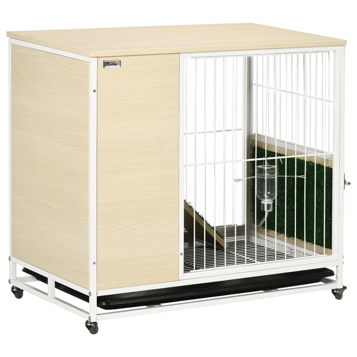 Clapier à lapin sur roulettes cage à lapin 2 niveaux toit ouvrant porte plateau déjection coulissant rampe niche acier blanc aspect bois clair