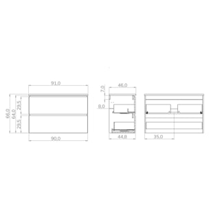 ENSEMBLE DE SALLE DE BAIN GLOOM | MEUBLE DE SALLE DE BAIN SUSPENDU | 90 CM NATURE | DEUX TIROIRS | LAVABO ENCASTRÉ | MEUBLE MONTÉ | ALDAY