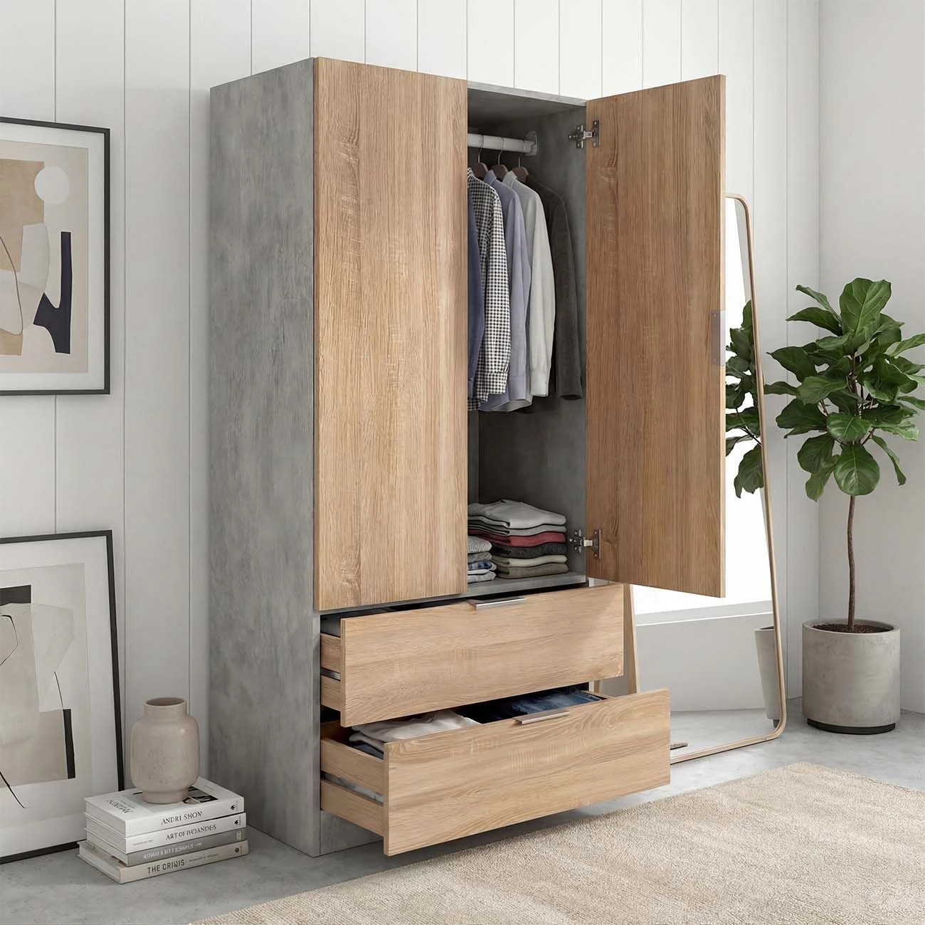Armario de 2 puertas y 2 cajones en gris cemento y roble canadian 81,5x180 cm Lark Gris Cemento - Roble Canadian