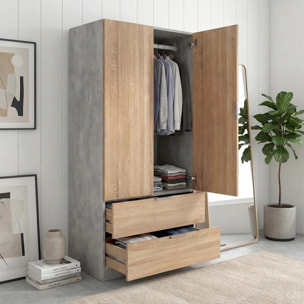 Armario de 2 puertas y 2 cajones en gris cemento y roble canadian 81,5x180 cm Lark Gris Cemento - Roble Canadian
