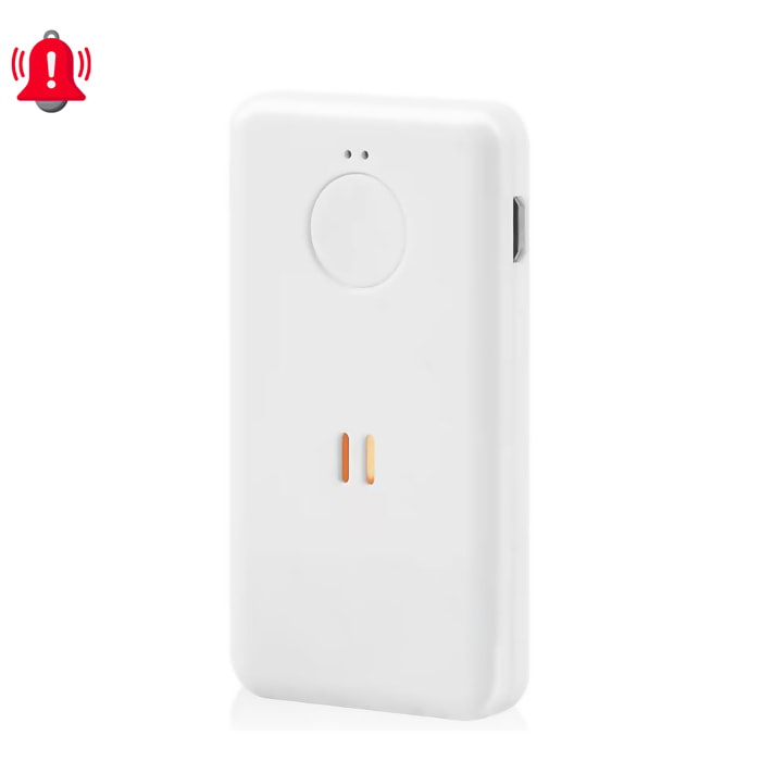 Allarme SOS personale con suono di 130dB. Batteria ricaricabile con fino a 90 minuti di suono continuo.