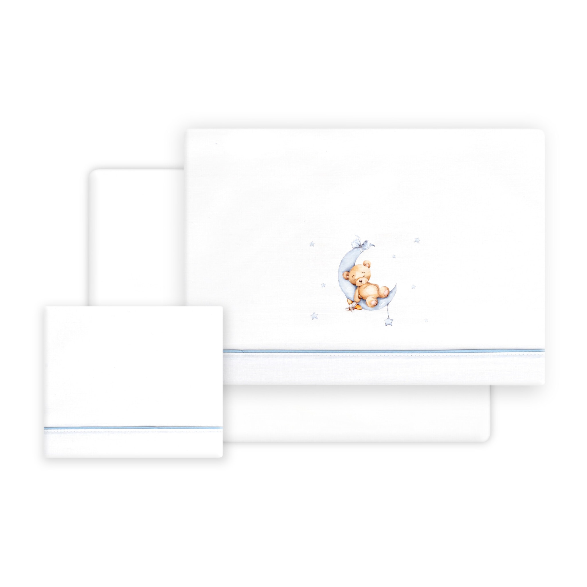 Triptico Cuna Estampado Oso Luna Estrellas + Broche Bco/Azul