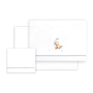 Triptico Cuna Estampado Oso Luna Estrellas + Broche Bco/Azul