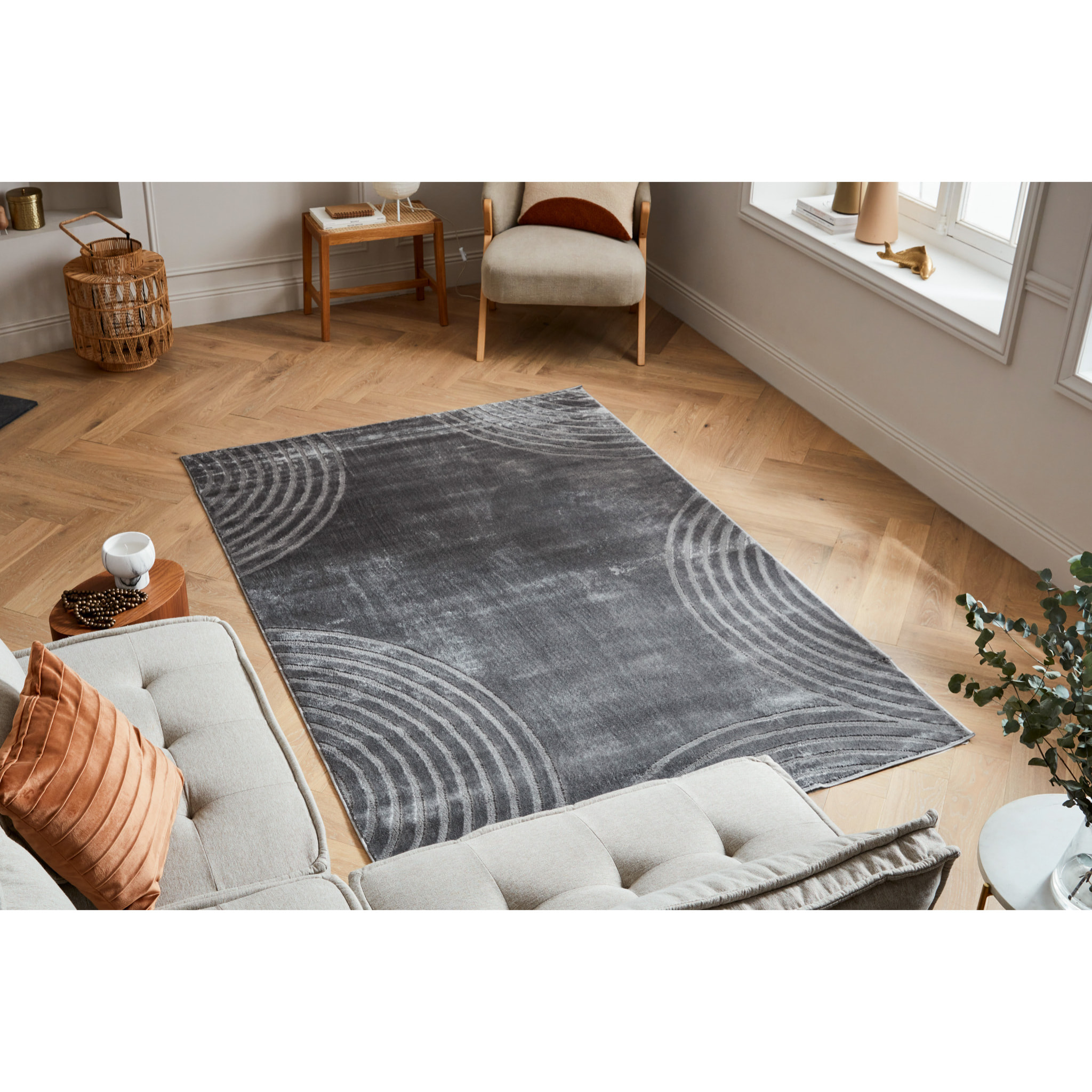 BLOOM - Tapis poils ras motif arc en relief - Gris