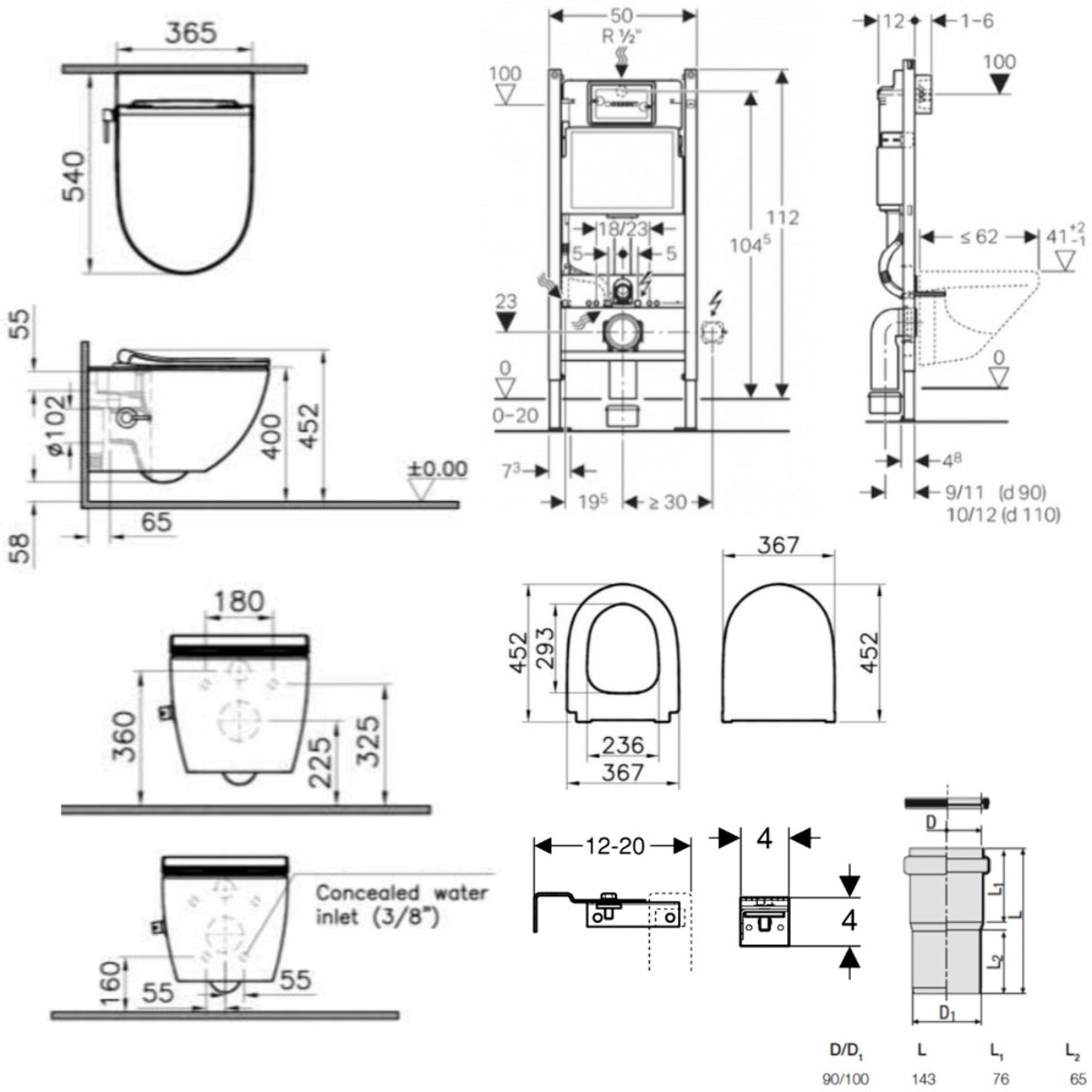 Pack WC Bati-support Geberit + WC sans bride SAT avec bidet thermostatique + Abattant softclose + Plaque Blanche (SATCleanGeb3)