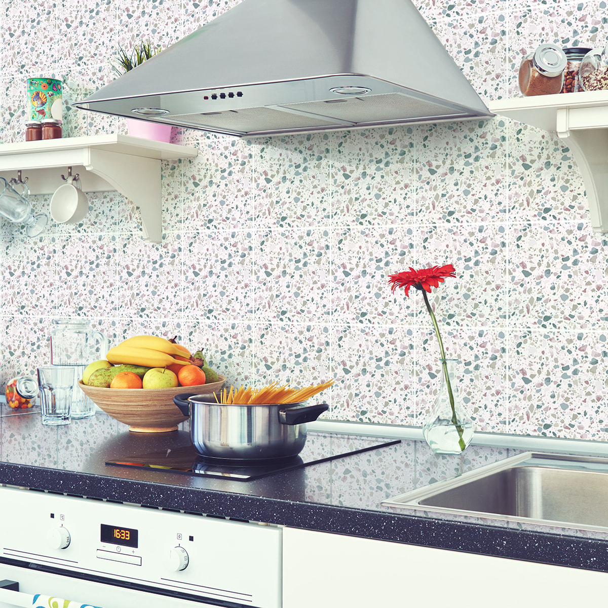 Stickers muraux - Sticker Mural Carrelage adhésif Cuisine Salle de Bain - 30 STICKERS CARRELAGES TERRAZZO PEDRO