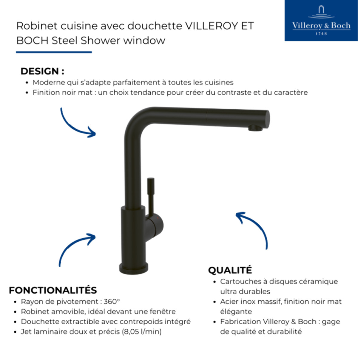 Robinet cuisine avec douchette Steel Shower window noir mat