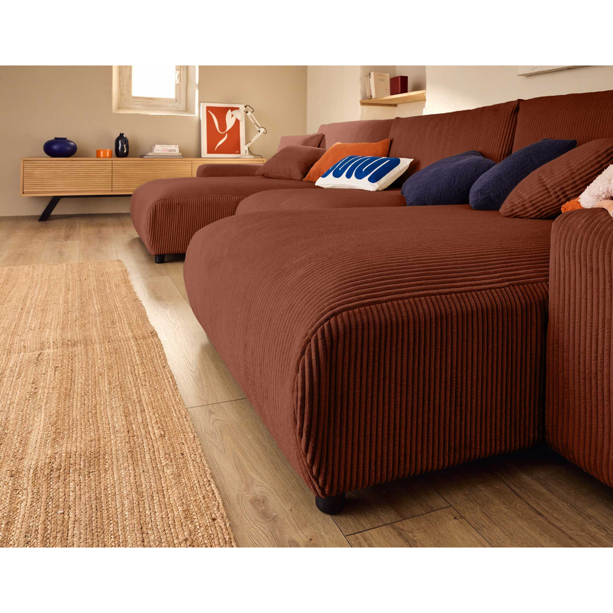 Pivoine - canapé panoramique en U - 7 places - convertible avec coffre - en velours côtelé - Terracotta
