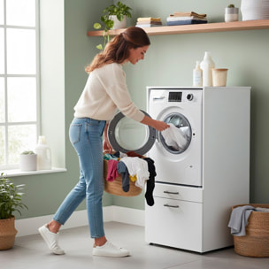 Mobile Lavatrice Con Cassettone Mensola Estraibile Mobiletto Lavanderia Asciugatrice Salvaspazio Con Vano Incasso Piano Appoggio 67×65×144 Cm Bianco