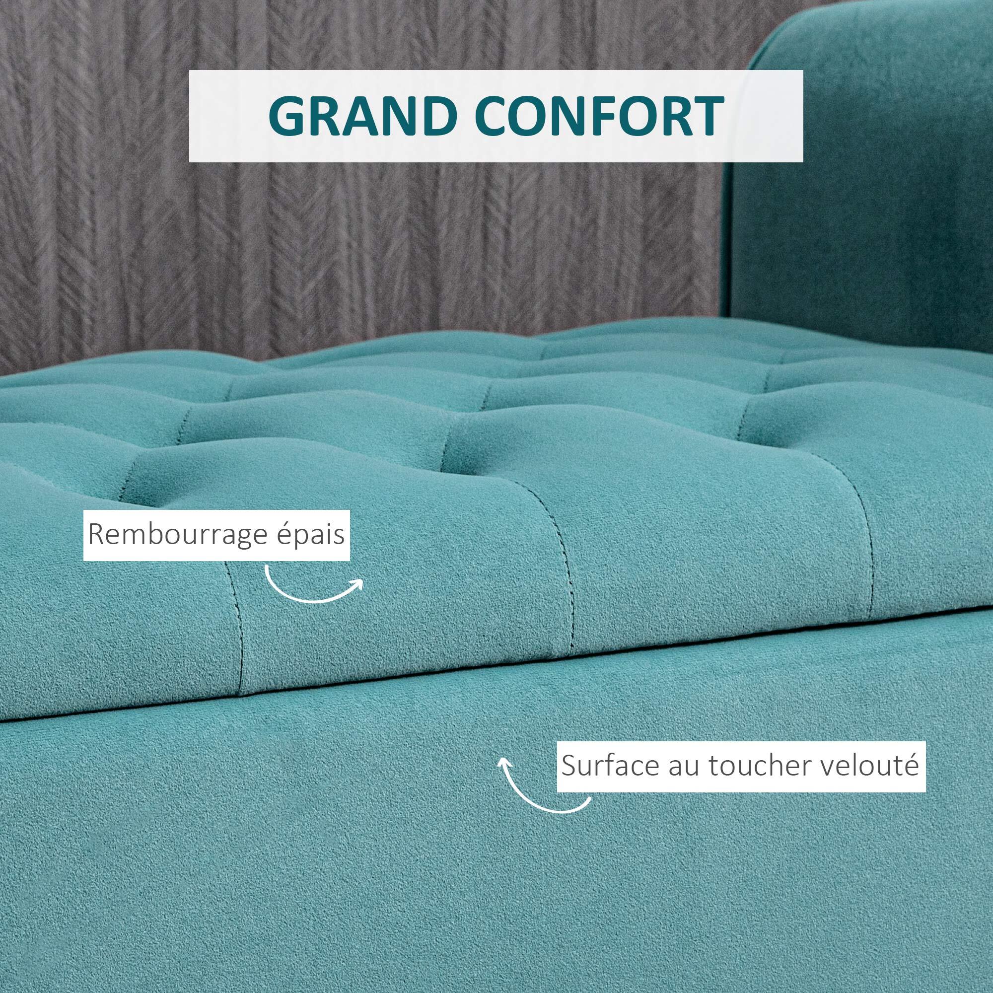 Banc coffre banquette coffre de rangement velours dim. 126 x 48,5 x 57 cm piètement bois hévéa noir turquoise